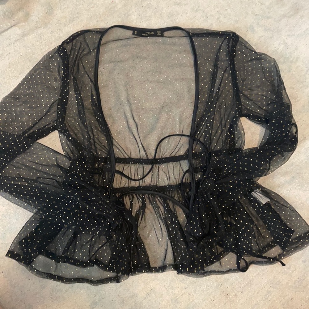 LONG SLEEVE MESH SPARKLY TIE BLOUSE (S)